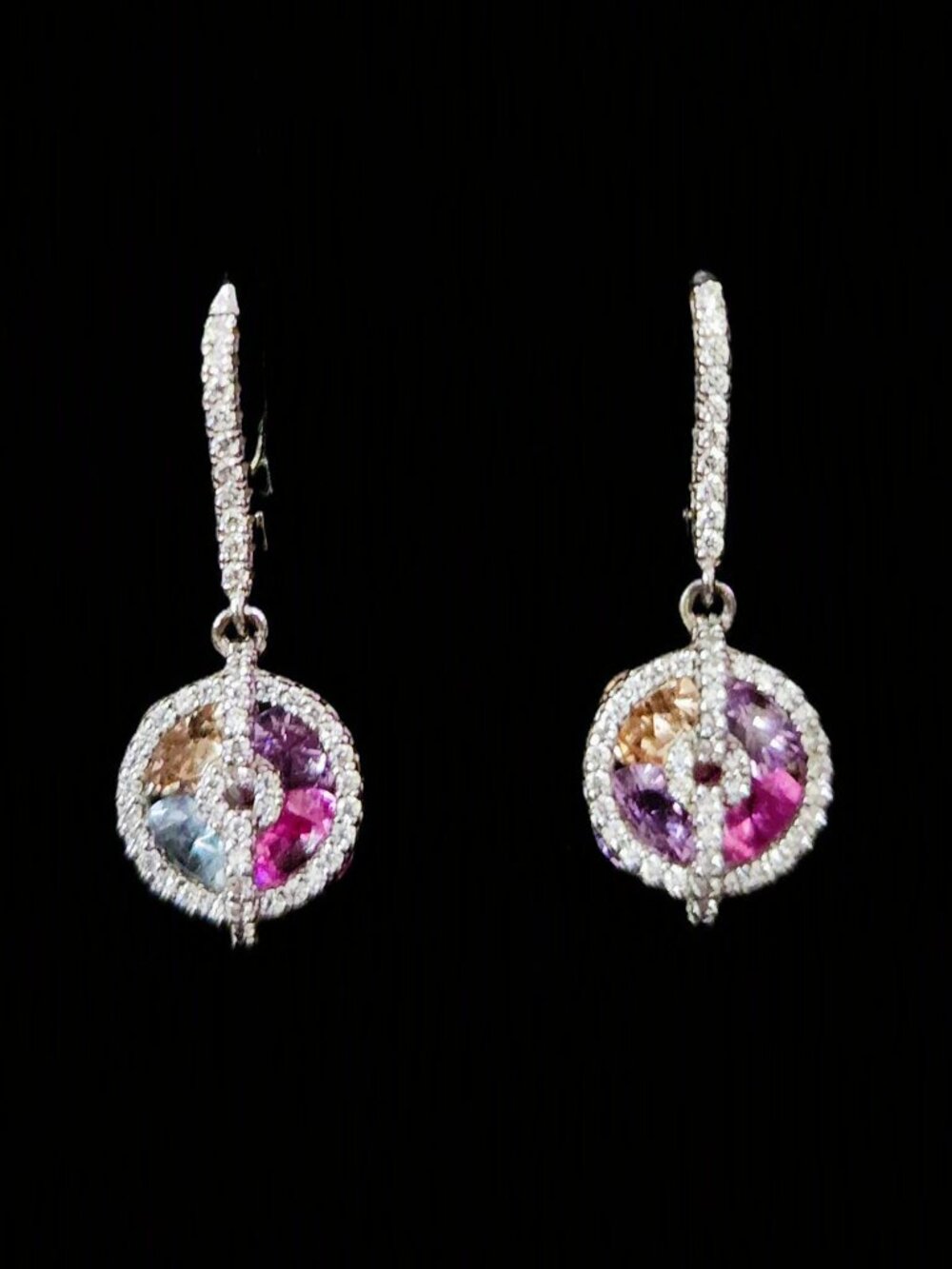 Vintage 90s 925 Sterling Silver Multi-Gemstone Leverback Drop Earrings FZH Y2K